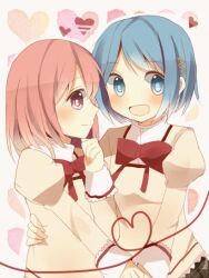  alternate_hairstyle bad_id bad_pixiv_id banned_artist blue_eyes blue_hair bow hair_down hair_ornament hairclip heart heart_of_string itou_mikan kaname_madoka mahou_shoujo_madoka_magica miki_sayaka multiple_girls pink_eyes pink_hair red_string school_uniform short_hair string 