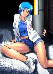  blue_eyes blue_hair blue_shorts commentary_request female midriff navel one_eye_closed qkat_(arikawa-dou) serizawa_kasumi shoes short_hair short_shorts shorts sneakers solo super_real_mahjong_p3 utility_pole 