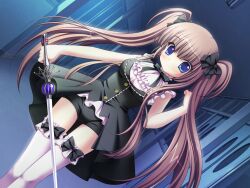  blue_eyes brown_hair derivara! game_cg kujou_aya sword twintails weapon 