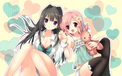  2girls :d ayase_sayuki black_hair black_legwear blue_eyes braid breasts cleavage flower hair_flower hair_ornament heart highres holding holding_hands long_hair medium_breasts multiple_girls open_clothes open_mouth open_shirt outline pink_hair red_eyes sacraneco shirt single_braid smile stuffed_animal stuffed_rabbit stuffed_toy thighhighs your_diary yua_(your_diary) 