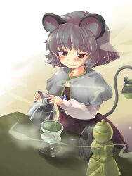  animal_ears bad_id bad_pixiv_id basket blush brown_dress capelet coffee_grinder coffee_maker dress female gem grey_hair highres jewelry mouse_(animal) mouse_ears nazrin necklace nise_nanatsura pendant pitcher_(container) red_eyes shirt short_hair smile solo table tail touhou water 