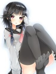  black_hair black_thighhighs blush braid commentary_request feet female hair_ornament hair_ribbon hairband hairclip hand_in_own_hair highres kakao_(chocolate_land) knees_together_feet_apart long_sleeves looking_at_viewer neckerchief no_shoes open_mouth original pleated_skirt purple_eyes ribbon school_uniform serafuku short_hair_with_long_locks simple_background skirt sleeves_past_wrists soles solo spread_toes thighhighs toes twin_braids white_background 