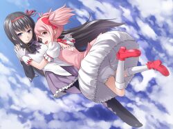  2girls akemi_homura akemi_homura_(magical_girl) bad_id bad_pixiv_id black_hair bloomers bubble_skirt commentary gloves hair_ribbon kaname_madoka kaname_madoka_(magical_girl) long_hair magical_girl mahou_shoujo_madoka_magica mahou_shoujo_madoka_magica_(anime) multiple_girls pantyhose pink_eyes pink_hair purple_eyes ribbon skirt smile spoilers tokumaro twintails underwear 