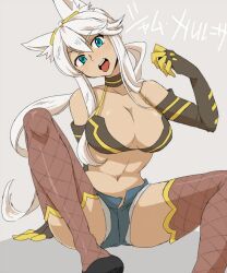  animal_ears bad_id bad_pixiv_id breasts dark-skinned_female dark_skin elbow_gloves female gloves grey_shorts ikeshita_moyuko kaiten_muten-maru large_breasts open_mouth shamu_meruruusa short_shorts shorts solo thighhighs white_hair 