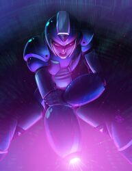  1boy android arm_cannon commentary energy_beam english_commentary glowing helmet male_focus mega_man_(series) mega_man_x_(series) open_mouth powering_up shouting solo vashperado weapon x_(mega_man) 