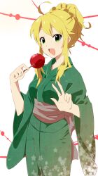  ahoge azu_(azu401) bad_id bad_pixiv_id blonde_hair candy_apple eating female food green_eyes green_kimono highres hoshii_miki idolmaster idolmaster_(classic) japanese_clothes kimono long_hair looking_at_viewer solo standing v yukata 