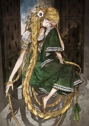  absurdly_long_hair blonde_hair braid commentary_request darkness_in_wonderland dress female flower grimm&#039;s_fairy_tales hair_flower hair_ornament long_hair mugishirako photoshop_(medium) rapunzel rapunzel_(grimm) solo very_long_hair 