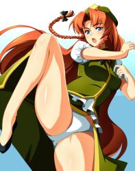  bad_id bad_pixiv_id bare_legs braid female hat high_kick hong_meiling kicking km_yama leg_up legs long_hair long_legs panties pantyshot red_hair solo thighs touhou twin_braids underwear upskirt white_panties 