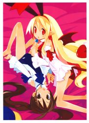  2girls absurdres ass bare_legs bat_wings blonde_hair brown_eyes brown_hair candy demon_tail detached_sleeves disgaea earrings flonne flonne_(fallen_angel) food hairband harada_takehito highres jewelry kazamatsuri_fuuka long_hair looking_at_viewer lying makai_senki_disgaea_4 multiple_girls official_art on_back pointy_ears red_eyes school_swimsuit swimsuit tail twintails wings 