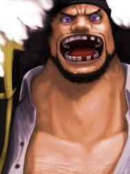  1boy bandana black_hair chest_hair commentary_request darkness facial_hair highres laughing male_focus marshall_d._teach missing_tooth one_piece open_mouth pirate purple_eyes smile solo yoshida_takanori 