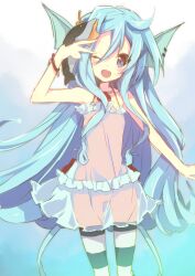  blue_eyes blue_hair cardfight!!_vanguard commentary_request dolphin dress female hair_ornament jewelry long_hair nakamura_sandayo necklace one_eye_closed outstretched_arm photoshop_(medium) see-through shell solo star_(symbol) striped_clothes striped_thighhighs stuffed_toy thighhighs top_idol_aqua 