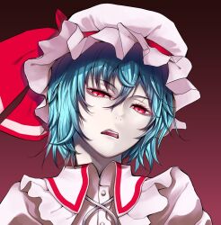  blue_hair commentary_request female hat nishiide_kengorou open_mouth portrait red_eyes remilia_scarlet short_hair slit_pupils solo touhou 