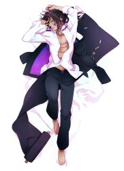  1boy abs ai_(warekaku) barefoot bed_sheet brown_hair commentary_request dakimakura_(medium) full_body green_eyes inu_x_boku_ss ittan_momen long_hair lying male_focus on_back open_clothes open_shirt shirt smile solo sorinozuka_renshou tan undressing 