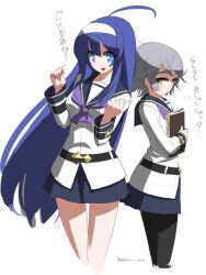  2girls ahoge bare_legs blue_eyes blue_hair book hairband holding holding_book huge_ahoge lex_bartholomeus long_hair multiple_girls official_art orie_ballardiae_harada pantyhose photoshop_(medium) sailor_collar signature silver_hair translation_request under_night_in-birth very_long_hair yellow_eyes yoshihara_seiichi 