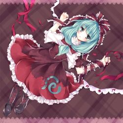  bad_id bad_pixiv_id boots bow cross-laced_footwear female frills front_ponytail green_eyes green_hair hairbow kagiyama_hina lace-up_boots lying solo sorai_shin&#039;ya touhou 