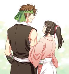  1boy arm_grab blush brown_hair commentary_request couple female from_behind hakuouki_shinsengumi_kitan headband hitomi_aki japanese_clothes long_hair nagakura_shinpachi photoshop_(medium) ponytail short_hair smile straight yukimura_chizuru 