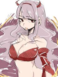  bad_id bad_pixiv_id bare_shoulders breasts cleavage female hairband horns idolmaster idolmaster_(classic) large_breasts long_hair midriff oerba_yun_fang red_eyes shijou_takane solo warabeshi wavy_hair 