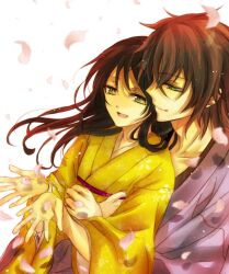  1boy :d bad_id bad_pixiv_id brown_hair couple female green_eyes hakuouki_shinsengumi_kitan hug japanese_clothes kuze_yuuga long_hair okita_souji_(hakuouki) open_mouth petals photoshop_(medium) smile straight yukimura_chizuru 