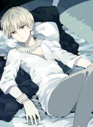  1boy bad_id bad_pixiv_id bed blonde_hair bracelet earrings fate/zero fate_(series) gilgamesh_(fate) jewelry lying male_focus necklace official_alternate_costume on_back on_bed pillow red_eyes short_hair solo toriatte v-neck 