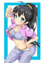  bad_id bad_pixiv_id belt black_hair earrings female ganaha_hibiki idol idolmaster idolmaster_(classic) jewelry long_hair marisasu_(marisa0904) pink_diamond_765_(idolmaster) ponytail solo v 