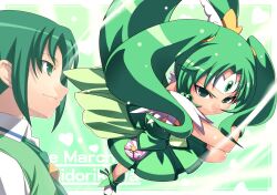  big_hair character_name commentary_request cure_march dress dual_persona female gem green_background green_eyes green_hair green_necktie green_skirt green_theme long_hair magical_girl midorikawa_nao necktie ponytail precure school_uniform skirt smile smile_precure tasaka_shinnosuke tiara tri_tails 