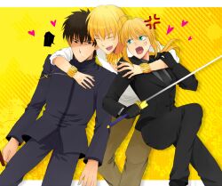  2boys ^_^ ahoge anger_vein artoria_pendragon_(fate) bad_id bad_pixiv_id black_gloves blonde_hair bracelet brown_eyes brown_hair casual closed_eyes cross cross_necklace fate/zero fate_(series) female formal gilgamesh_(fate) gloves green_eyes heart hug izru jewelry kotomine_kirei long_hair multiple_boys necklace necktie official_alternate_costume pant_suit pants ponytail saber_(fate) suit 