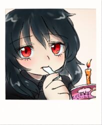  aratagawa_nikei black_hair border candle commentary_request eating female food ice_cream kirishima_sagiri lowres red_eyes simple_background solo ukagaka white_background 