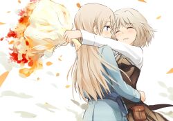  2girls blonde_hair blue_eyes blush bouquet closed_eyes couple eila_ilmatar_juutilainen flower grey_hair happy hug long_hair military military_uniform multiple_girls open_mouth photoshop_(medium) sanya_v._litvyak short_hair simple_background smile strike_witches tsuchii_(ramakifrau) uniform white_background world_witches_series yuri 