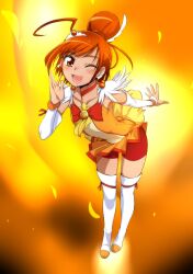  ;d ahoge bike_shorts bike_shorts_under_skirt boots choker commentary_request cure_sunny detached_sleeves eyelashes ez6 female fiery_background fire hino_akane_(smile_precure!) looking_at_viewer magical_girl miniskirt one_eye_closed open_mouth orange_background orange_choker orange_skirt orange_theme precure red_eyes red_hair red_shorts shorts skirt smile smile_precure solo thigh_boots thighhighs tiara 