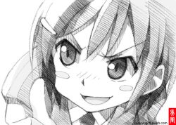  blush_stickers danshi_koukousei_no_nichijou female gofu greyscale grin hair_ornament hairclip monochrome ringo-chan_(danshi_koukousei) short_hair smile solo spot_color traditional_media 