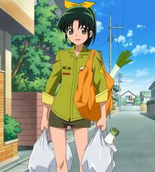  buildings exterior hair_ribbon midorikawa_nao ponytail power_lines screen_capture shopping shopping_bags shorts smile smile_precure street vegetables 