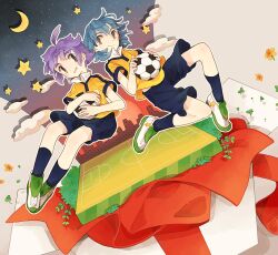  2boys bad_id bad_pixiv_id ball blue_hair brown_eyes cloud gift grin inazuma_eleven_(series) inazuma_eleven_go kageyama_hikaru kariya_masaki long_hair moon multiple_boys nitanda_cona purple_hair raimon raimon_soccer_uniform short_hair sky smile soccer_ball soccer_field soccer_uniform sportswear star_(symbol) telstar yellow_eyes 