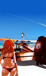  2girls aircraft airplane ass backboob bikini biplane black_hair breasts butt_crack charlotte_e._yeager commentary_request contrail day facing_away fairey_swordfish francesca_lucchini from_behind hand_on_own_hip highres long_hair md5_mismatch medium_breasts multiple_girls muramasa_mikado orange_hair outdoors panties propeller resolution_mismatch sky source_smaller strike_witches striped_clothes striped_panties swimsuit underboob underwear vehicle_focus world_witches_series 