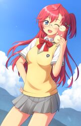  :3 :d ;d ano_natsu_de_matteru blue_eyes blush bow closed_eyes cloud commentary_request day female glasses hand_on_own_hip kuro_(chrono) lens_flare long_hair one_eye_closed open_mouth pleated_skirt red_hair rinon_(ano_natsu_de_matteru) school_uniform sitting_on_shoulder skirt sky smile solo sweater_vest takatsuki_ichika 