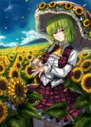  ascot breasts cloud commentary_request female field flower flower_field garden_of_the_sun green_hair kazami_yuuka medium_breasts nail_polish open_mouth outdoors panzer_(p.z) parasol plaid plaid_skirt plaid_vest red_eyes shirt short_hair skirt sky solo sunflower sunflower_field touhou umbrella vest 