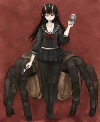  ;) arthropod_girl black_hair black_pantyhose black_serafuku black_skirt breasts cleavage collarbone commentary_request ebimomo extra_eyes fang_out female fork hand_up highres holding holding_fork horns jewelry long_hair long_sleeves medium_breasts miniskirt monster_girl multiple_legs neck_ribbon no_shoes oerba_yun_fang one_eye_closed original pale_skin pantyhose pleated_skirt pointy_ears red_background ribbon ring ring_box school_uniform serafuku skirt smile solo spider_girl unworn_jewelry 