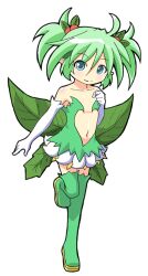  blue_eyes boots closed_mouth commentary_request elbow_gloves fairy female full_body gloves green_footwear green_hair green_theme green_thighhighs green_wings hair_ornament konoha_(shinrabanshou) lolicon masaki_itsuki navel plant_wings shinrabanshou short_hair simple_background smile solo split_mouth standing standing_on_one_leg tachi-e thighhighs white_background white_gloves wings 