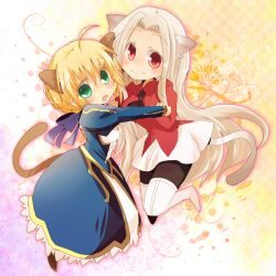  2girls ahoge animal_ears artoria_pendragon_(fate) blonde_hair boots cat_ears cat_tail chibi commentary_request dress fate/zero fate_(series) green_eyes hair_ribbon irisviel_von_einzbern kemonomimi_mode long_hair multiple_girls pantyhose red_eyes ribbon saber_(fate) shio_kuzumochi tail thigh_boots thighhighs white_hair 