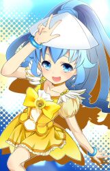  bad_id bad_pixiv_id bike_shorts bike_shorts_under_skirt blue_eyes blue_hair bow bowtie choker cosplay cure_peace cure_peace_(cosplay) female hair_flaps highres ikamusume kanemoto_hisako long_hair magical_girl mokyutan precure shinryaku!_ikamusume skirt smile smile_precure solo v voice_actor_connection wide_ponytail yellow_bow yellow_bowtie yellow_choker yellow_skirt 