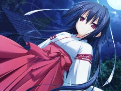  black_hair derivara! game_cg japanese_clothes miko mikogami_mikoto moon red_eyes 