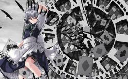  ace_(playing_card) ace_of_clubs ace_of_diamonds ace_of_hearts ace_of_spades apron arm_up black_gloves braid card checkered club_(shape) commentary_request diamond_(shape) female floating floating_card floating_object floating_weapon gears gloves grey_hair heart highres izayoi_sakuya knife maid maid_headdress playing_card smile solo spade_(shape) taida_jun thigh_strap touhou twin_braids 