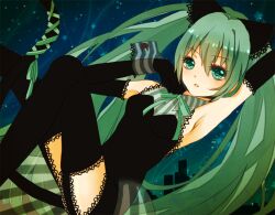  cat_tail commentary_request female garter_straps green_eyes green_hair hatsune_miku kemonomimi_mode long_hair ribbon risky_game_(vocaloid) solo tail tail_ornament tail_ribbon thighhighs twintails utakatanauta vocaloid 