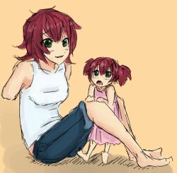  2girls aged_up amputee armless_amputee artist_request bare_shoulders barefoot double_amputee dress green_eyes if_they_mated katawa_shoujo lolicon mother_and_daughter multiple_girls pink_dress red_hair short_hair short_twintails shorts tank_top tezuka_rin twintails 