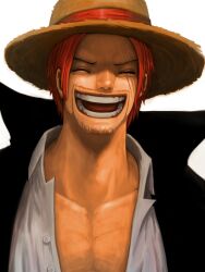  1boy closed_eyes commentary_request hat highres laughing male_focus muscular one_piece open_clothes open_mouth open_shirt red_hair scar shanks_(one_piece) shirt smile solo straw_hat teeth yoshida_takanori 