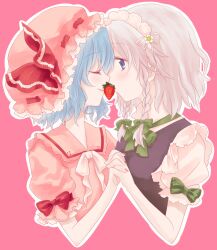  2girls bad_id bad_pixiv_id bow food fruit holding_hands interlocked_fingers izayoi_sakuya maid maid_headdress mouth_hold multiple_girls nail_polish pink_background profile remilia_scarlet rias-shiki_kawaii short_sleeves simple_background strawberry touhou upper_body yuri 