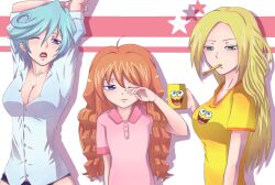  3girls black_panties blonde_hair blue_hair breasts cardfight!!_vanguard cleavage commentary_request cup green_eyes highres kokkuri_maki kourin_(cardfight!!_vanguard) medium_breasts mouth_hold mug multiple_girls no_bra no_pants panties purple_eyes rekka_(cardfight!!_vanguard) rubbing_eyes shirt sleepy spongebob_squarepants spongebob_squarepants_(series) star_(symbol) suiko_(cardfight!!_vanguard) underwear yawning 