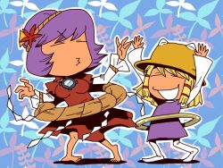  2girls arms_up bad_id bad_pixiv_id barefoot blonde_hair breasts commentary_request dress hair_ornament hair_ribbon hat hoop hula_hoop leaf medium_breasts moriya&#039;s_iron_rings moriya_suwako multiple_girls onikobe_rin open_mouth purple_hair ribbon rope shimenawa short_hair smile thighhighs touhou white_legwear yasaka_kanako 