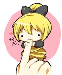  bad_id bad_pixiv_id biting biting_another&#039;s_finger blonde_hair blush bow chibi dress female hairbow kurodani_yamame mini_person minigirl open_mouth ponytail short_hair simple_background solid_circle_eyes solo_focus sugita touhou 