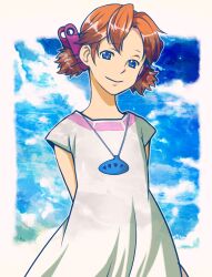  blue_eyes brown_hair commentary_request dress female instrument josette kouya_(libera) ocarina short_hair solo upper_body wonder_project_j2 