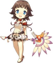  artist_request bare_legs blue_eyes brown_hair chibi choker female full_body hand_fan long_hair magna_carta magna_carta_2 no_nose red_choker shoes skirt smile solo staff transparent_background white_skirt zephie_(magna_carta) 